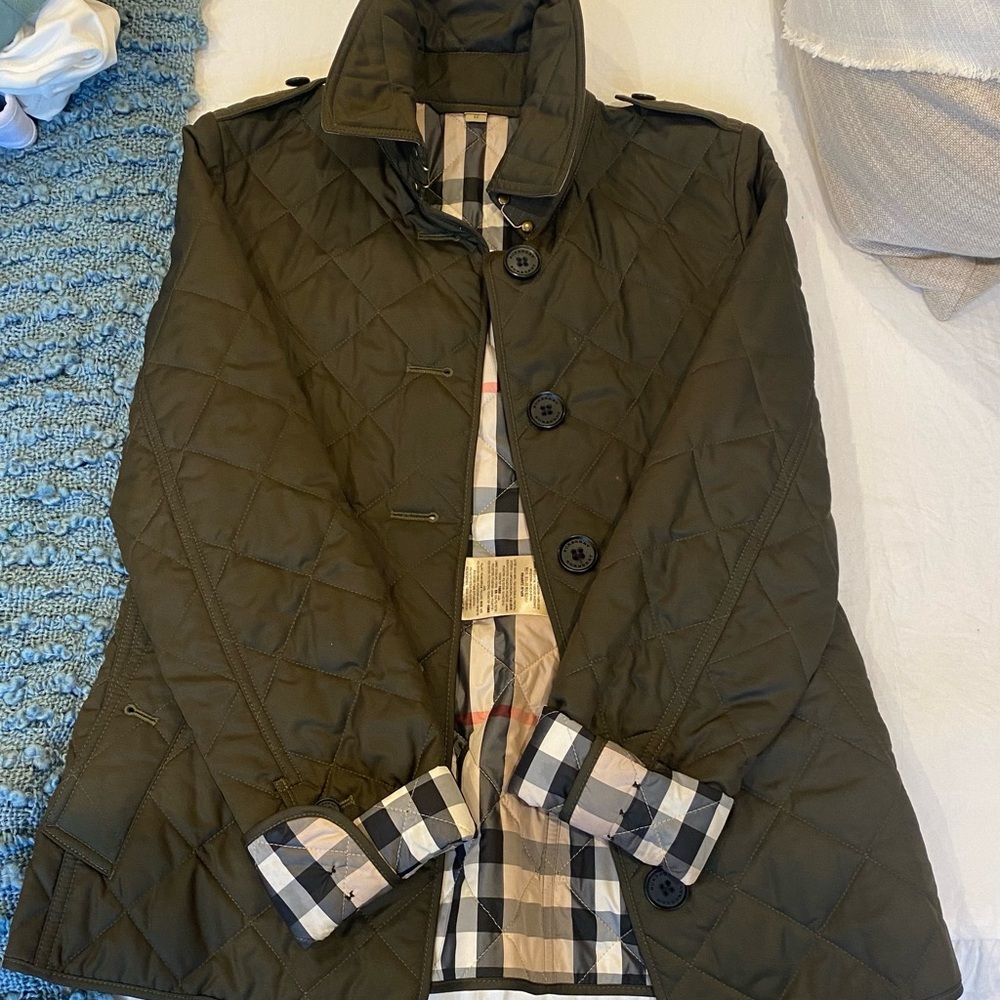 Green Burberry with Quilted Design and Plaid Lining